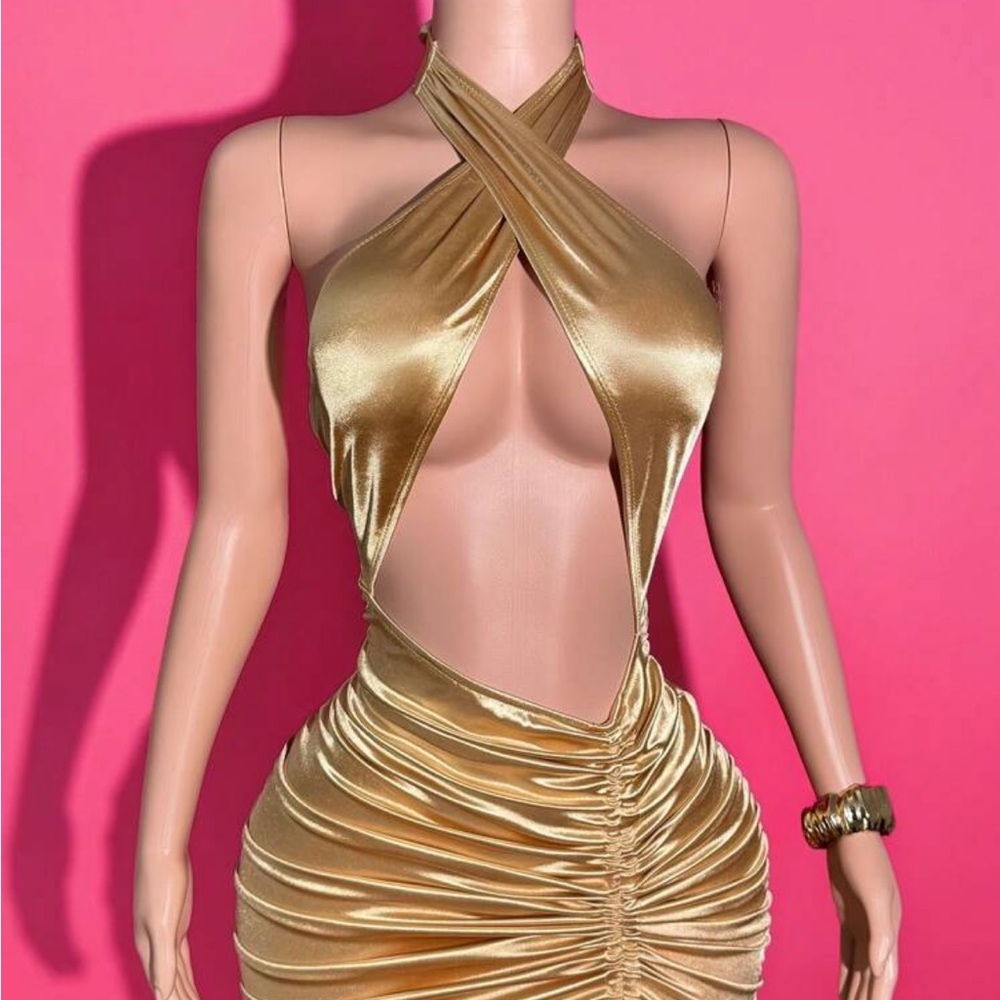Gold Halter Cut-Out Mini Dress